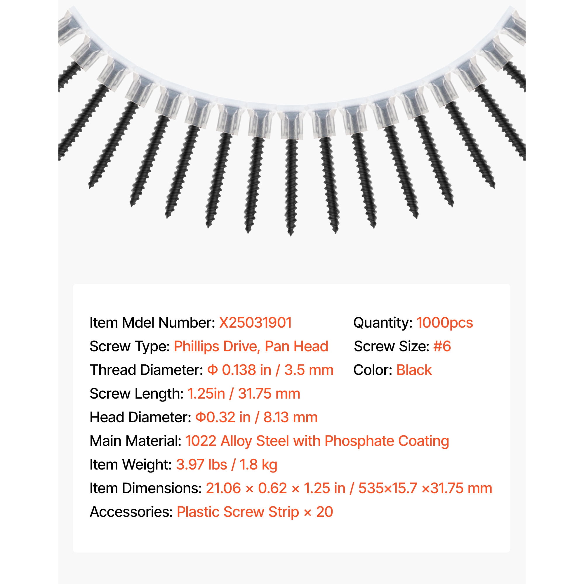 KFFKFF #6 x 1-1/4 inch Drywall to Wood Collated Screws, Durable Alloy Steel Self-Drilling Screws for Various Applications, Ideal for Home Projects and Renovations (1000 Pieces per Box)