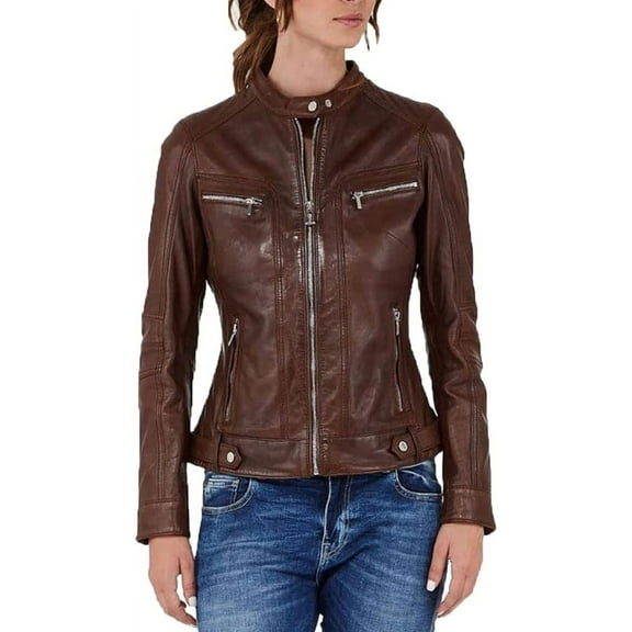 Womens Genuine Lambskin Leather Jacket Motorcycle Biker Leather Jacket Brown Colour W122