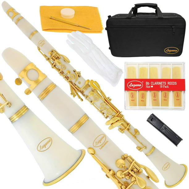 Lazarro 160-WH B-Flat Bb Clarinet White-Gold Keys with Case, 11 Reeds, Care  Kit and Many Extras