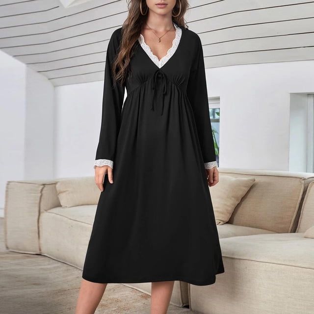 Qertyioot Women's Home Wear Pajamas Long Sleeved Lace Patchwork Pajamas Plus Size Robes
