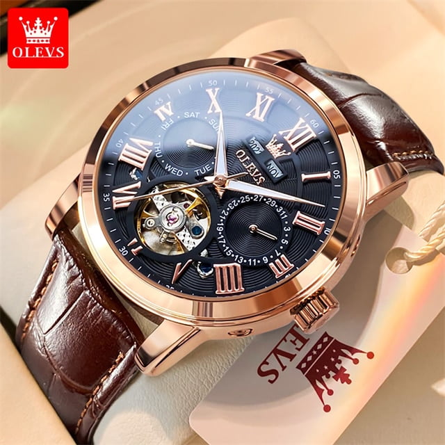 OLEVS Luxury Original Watch for Men Automatic Mechancial Wrist Watch Leather Strap Skeleton Waterproof Multifuncation Man Watch