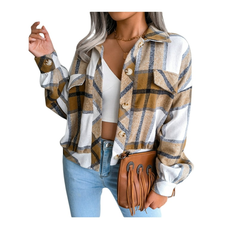 Women's Fashion Cropped Flannel Plaid Shacket Long Sleeve Button Down  Jackets Coat