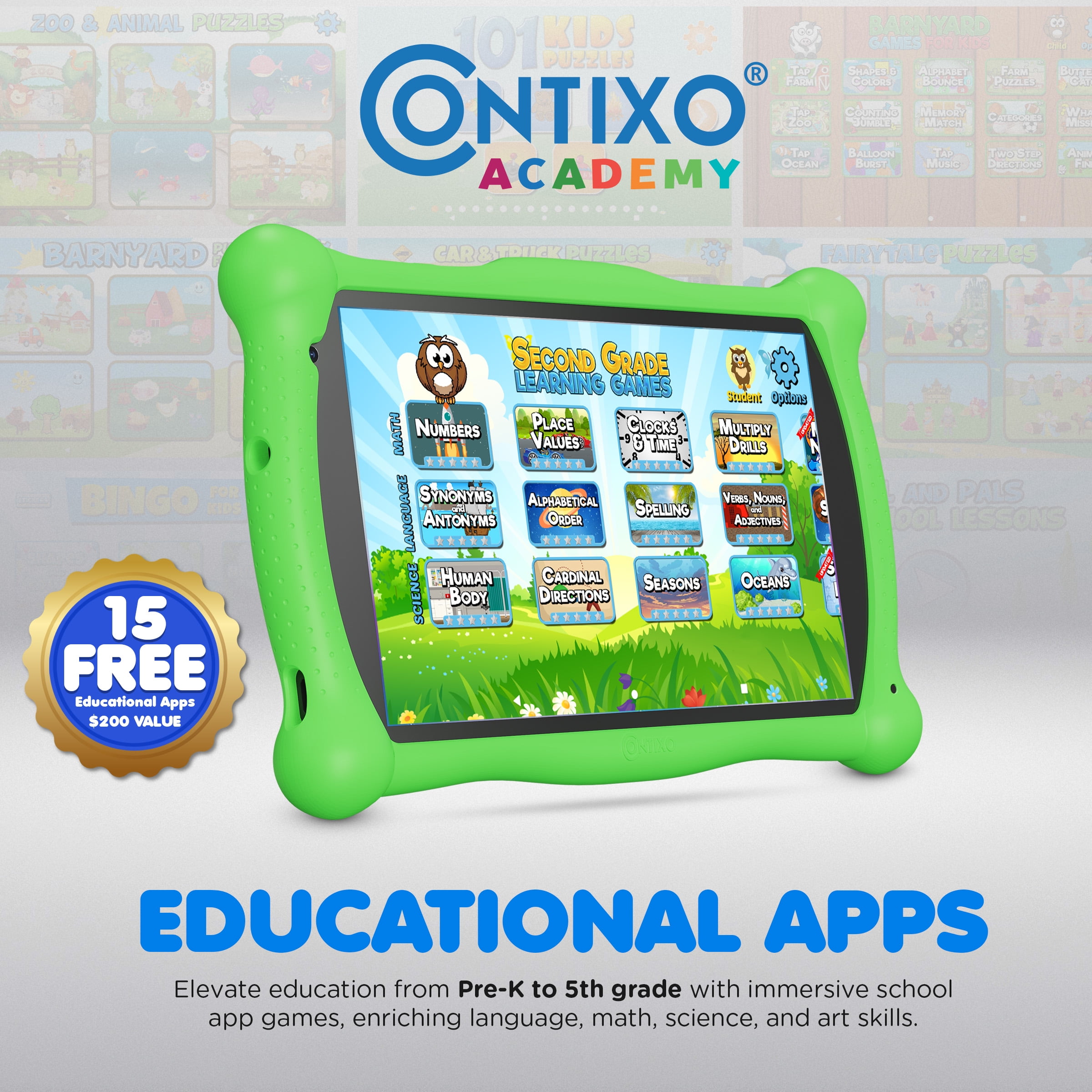 Contixo 7-Inch Kids Tablets, Educational Android Tablet with Stylus and Kickstand Case, 32GB, Ages 3-12, Green