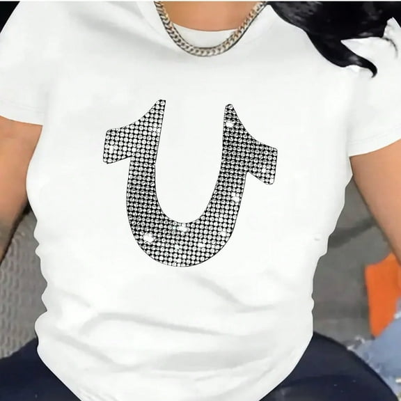 Payeah Rhinestone Letter Print Comfy T-Shirt, Round Neck Short Sleeve Sports Tee, Women's Activewear 100% Cotton 100% Cotton