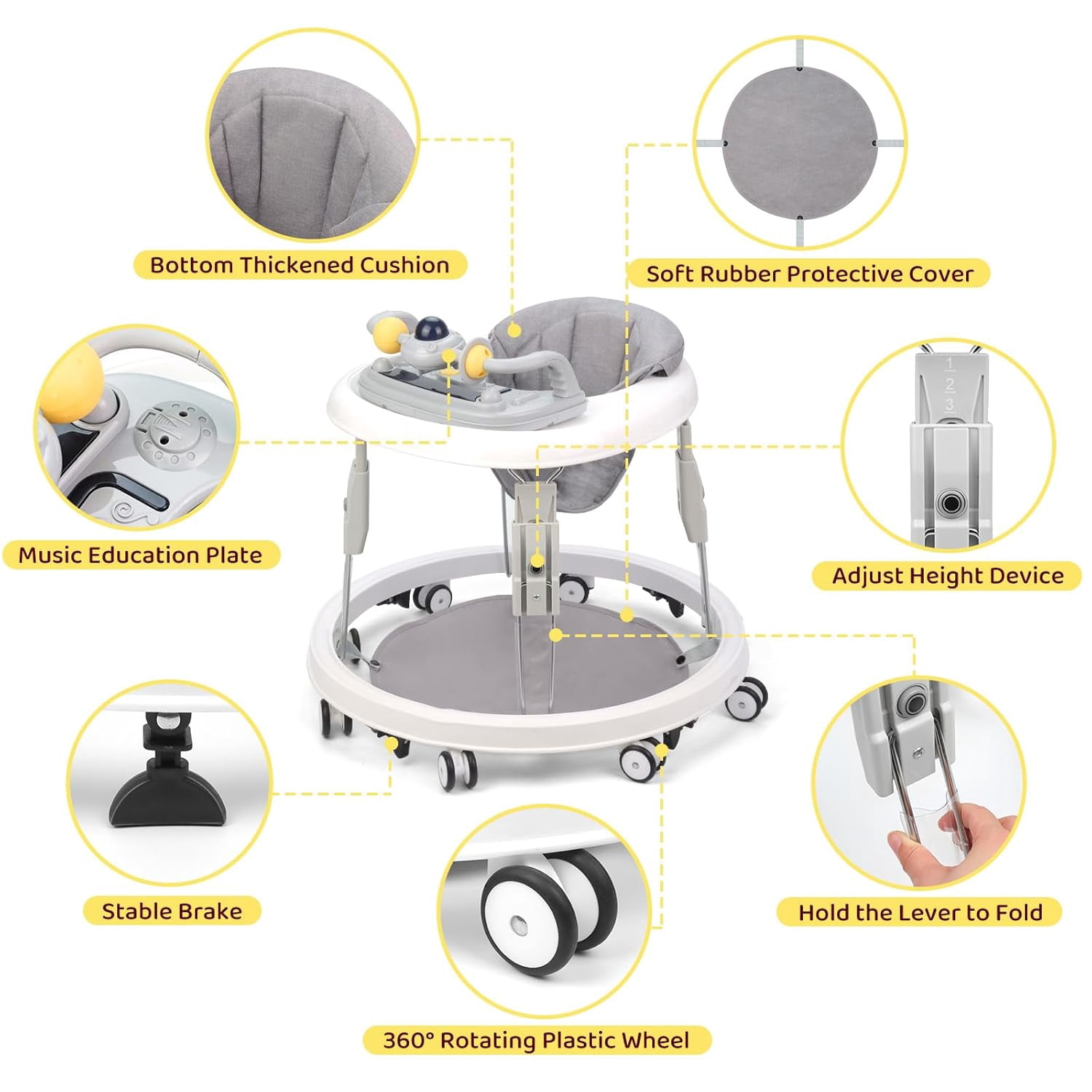 PRVAETU Foldable Baby Walker Activity Center W/ Music Toy,Wheels,Height Adjustable & Foot Pad for 6-18 Months Babies Infant Boys Girls,Grey