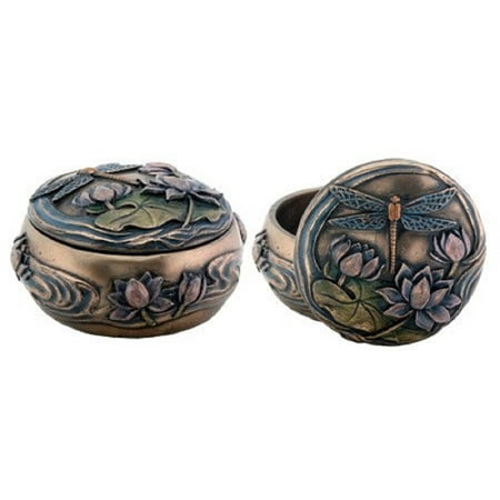 Art Nouveau Dragonfly Over Lily Pond Jewelry Trinket Box Container Decoration