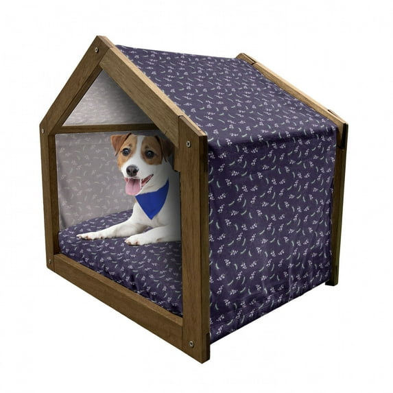 Floral Pet House, Lilac Bell Flowers and Green Ears of Wheat Style Pattern, Outdoor & Indoor Portable Dog Kennel with Pillow and Cover, 5 Sizes, Dark Purple Mint Green, by Ambesonne