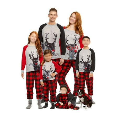 

EYIIYE Christmas Family Pajamas Sets Deer Print Long Sleeve Tops Plaid Long Pants Sleepwear Set