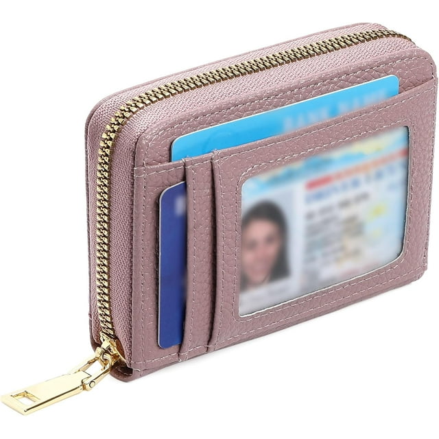 Wallet Women RFID Blocking Leather Small Compact Zip-Around Credit Card Holder with ID Window & Zipper Pocket,Pink