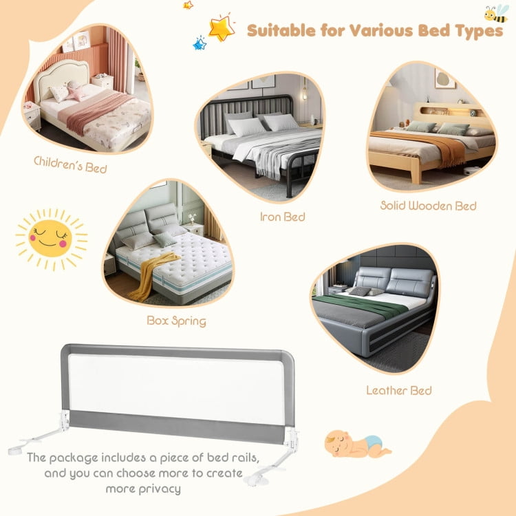 Topcobe 59 Inch Folding Breathable Baby Bed Rail Guard with Safety Strap, Bed Rails for Toddlers-Gray
