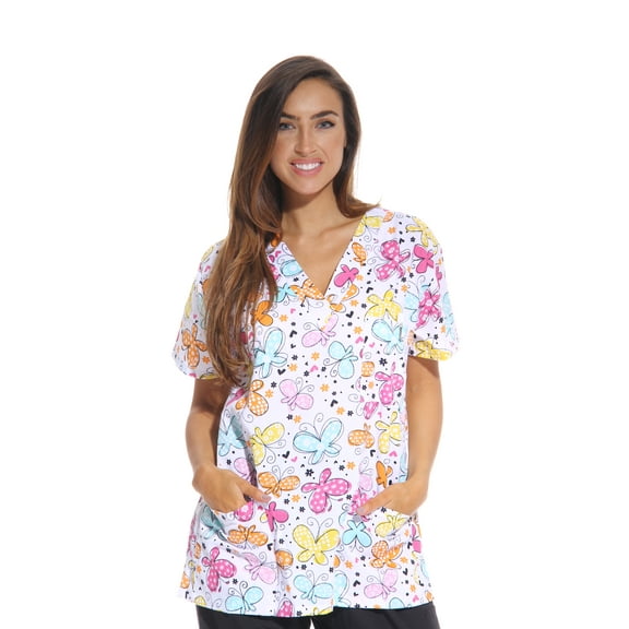 Just Love Women's Medical V-Neck Scrub Tops (White Butterfly, Medium)