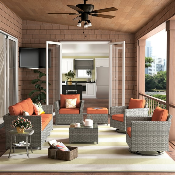 XIZZI 9PCS Patio Furniture Set Modern Cushioned Conversation Set Rattan Wicker Sofa with Corner Table Swivel Rocking Chair,Orange
