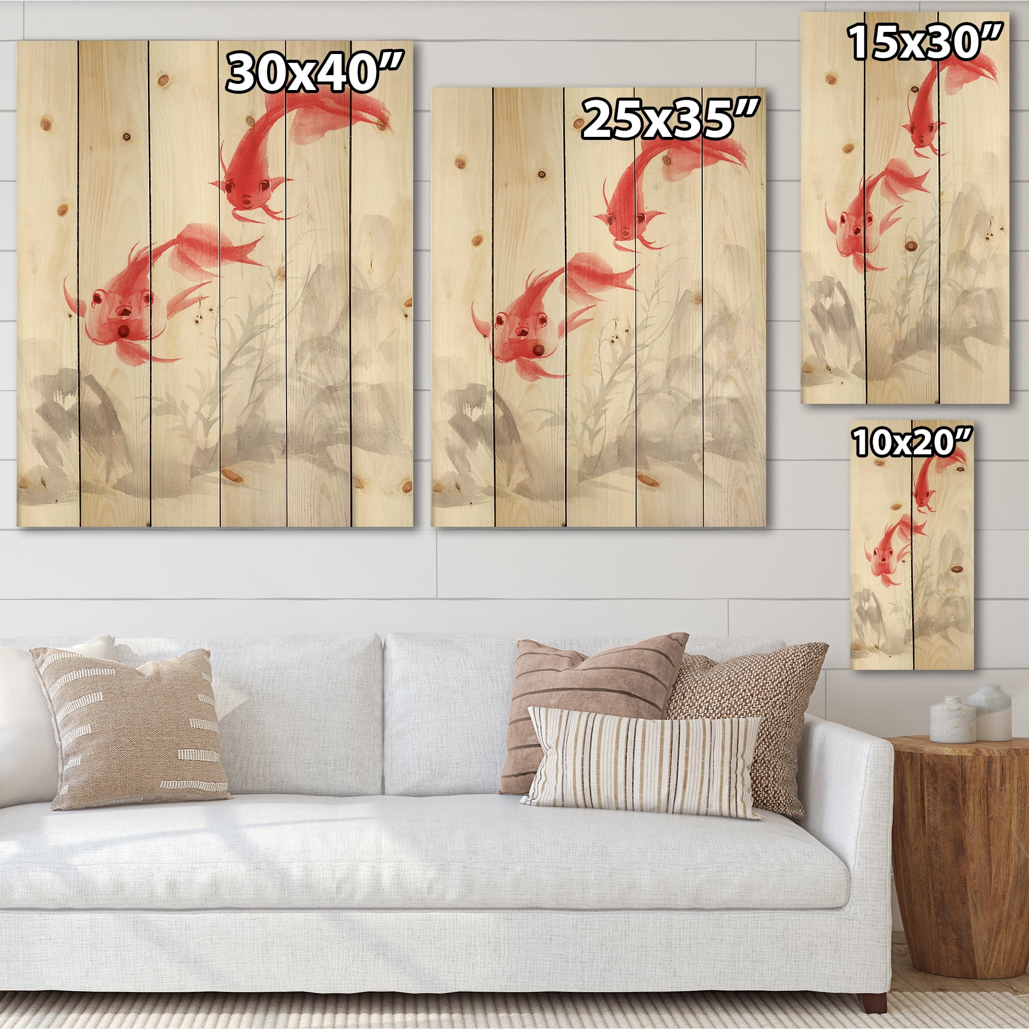 Designart 'Ancient Gold Fishes' Nautical & Coastal Print on Natural Pine Wood