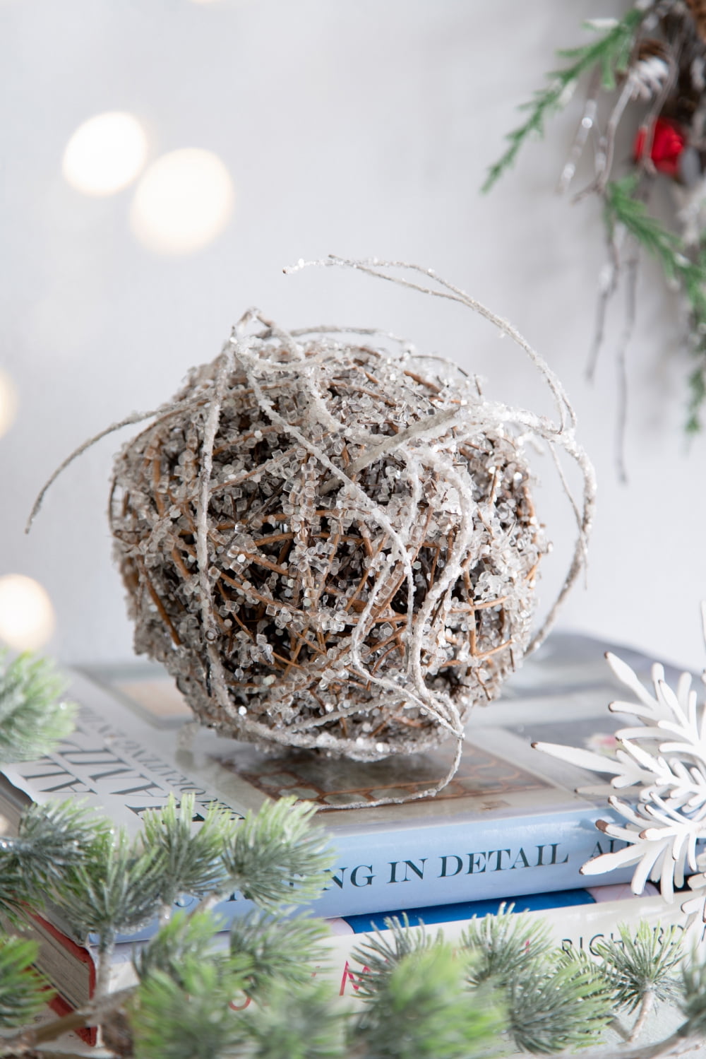 Iced Twig Ball Christmas Ornament Snow Covered Look Plastic Wire Angelvine Tree Decor Gift