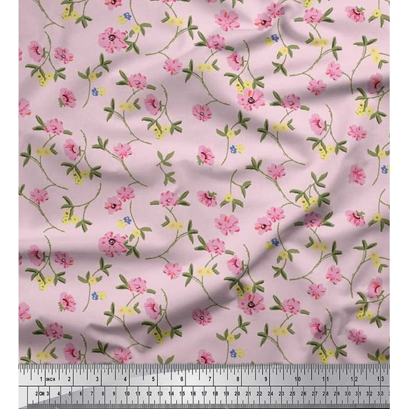 Soimoi Crepe Silk Fabric Leaves & Floral Artistic Printed Fabric 1 Yard 42 Inch Wide