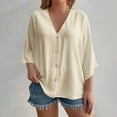 thumbnail image 2 of Ecqkame Womens 3/4 Length Sleeve Summer Tops Trendy Business Dressy Casual Blouses Solid Color V Neck Button Down Shirts Beige-A XXXXL, 2 of 8