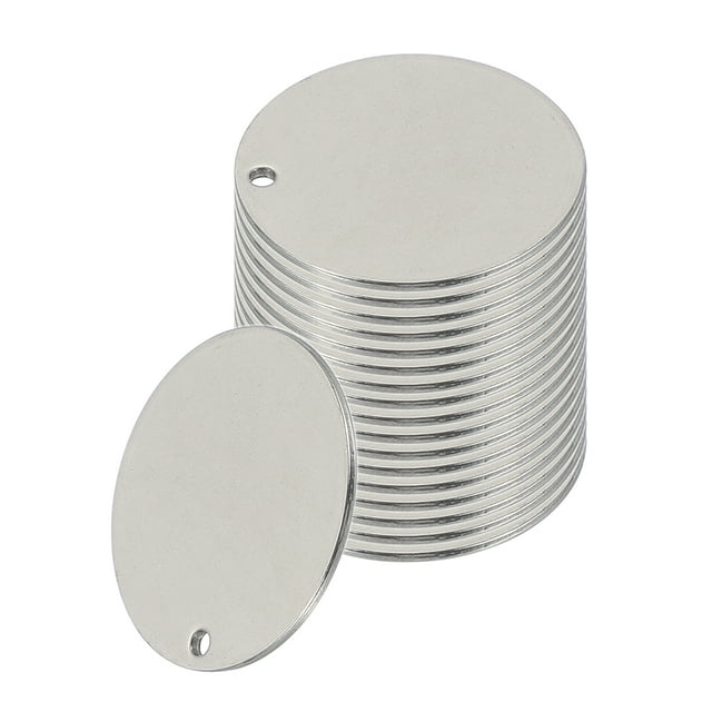 Uxcell 18 Pcs Etiquetas de Estampado Metálico en Blanco, Discos Planos de Acero Inoxidable de 25mm con Agujero para Grabado Láser, Fabricación de Etiquetas para Perros, Llaveros, Tono Plateado