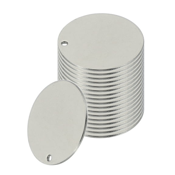 Uxcell 18 Pcs Metal Stamping Blanks, 25mm Round Name Tags Stainless Steel Circle Blanks Label Flat Plate Disc with Hole for Laser Engraving Stamping Dog Tags Keychain Making, Silver Tone