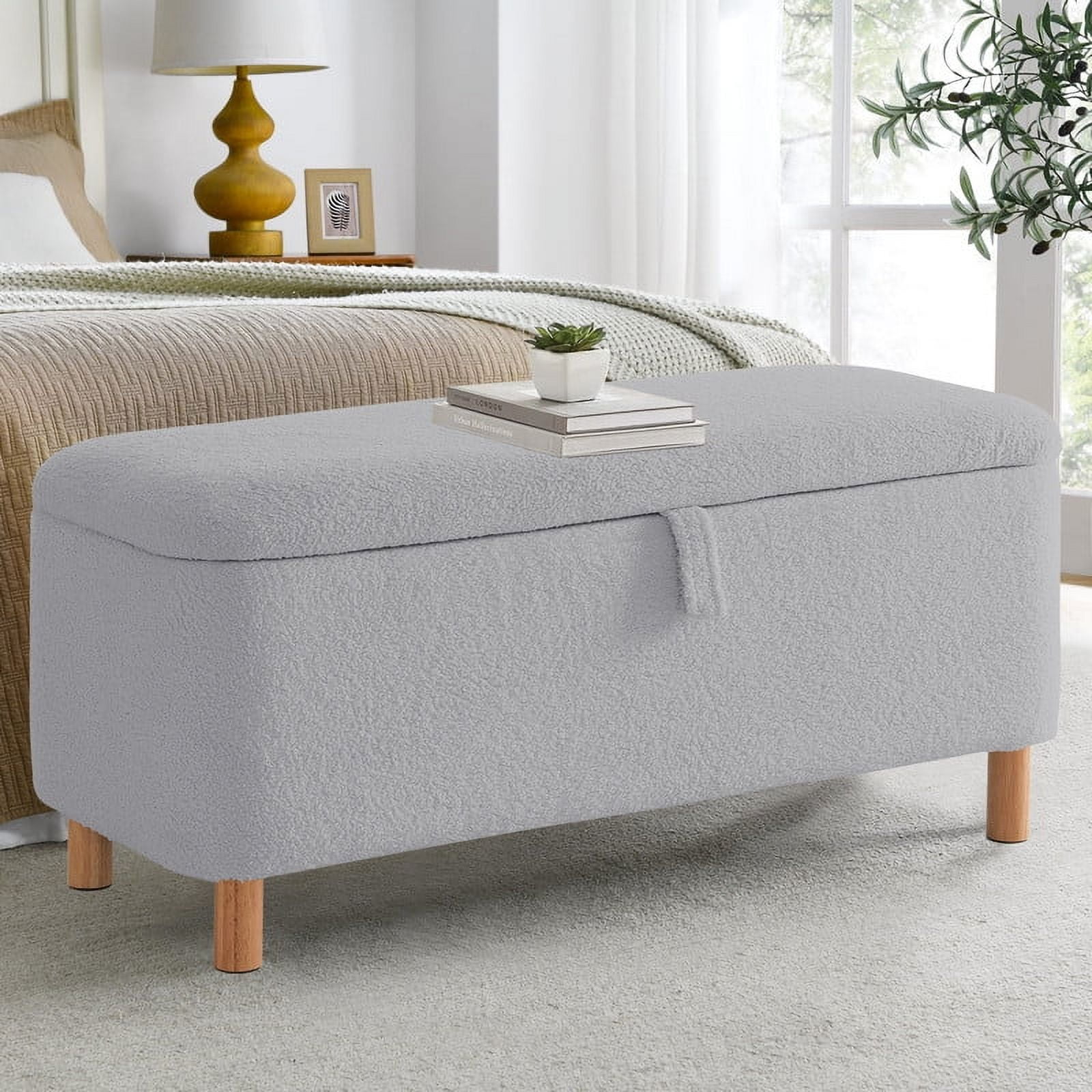 39.5" Boucle Storage Ottoman Bench for Living Room Bedroom Foot Rest End of Bed Wood Leg Gray