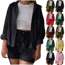 ATOYSOY Women's Lined Tracksuits Loose Tops Drawstring Shorts Long Sleeve Sweatsuits Casual Turn Down Collar Jackets Fall Two Piece Outfits Activewear Trendy Green L