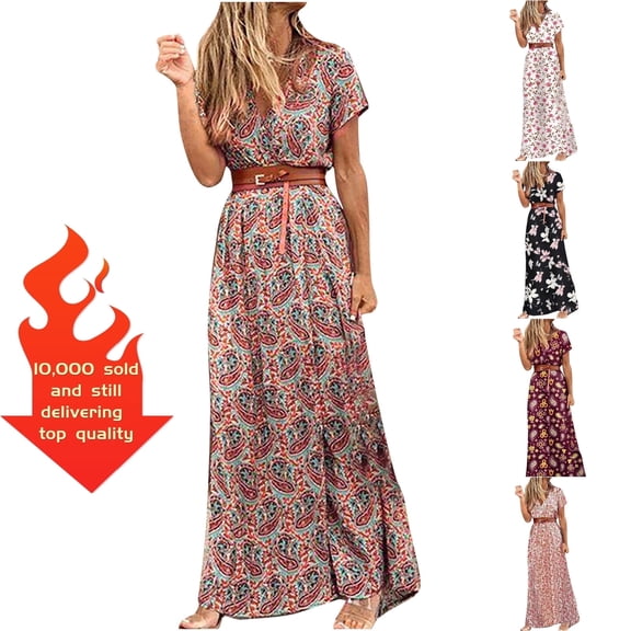 VKEKIEO Casual Summer Dresses,Boho Dresses for Women Womens Clothing,Spring Beach Dresses,Prom,V-Neck Short Sleeve Floral Brown XL