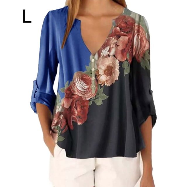 Blusa Camisa con cuello en V y estampado floral Blusa suelta de manga larga Top de mujer, Azul, L Yuarrent AP002021-51