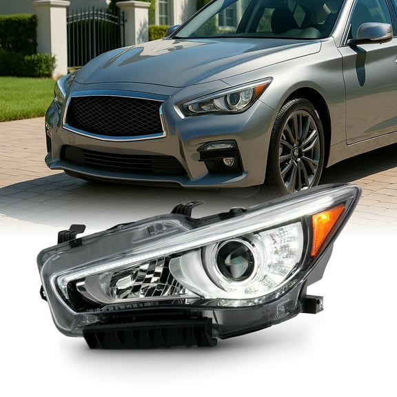 AKKON - Fits 2014-2022 InFiniti Q50 w/o AFS LED Projector Chrome Clear Headlight Driver Left Side 14-22