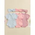 thumbnail image 4 of Yunliwuli Newborn Girl Outfit, Short Sleeve Crew Neck Solid Bodysuit with Bowknot Headband Summer Clothes, 4 of 10