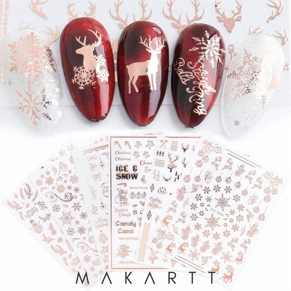 Makartt Nail Stickers for Christmas, Snowflake & Reindeer Christmas Stickers for Nails, Self Adhesive Nail Decals, Rose Gold