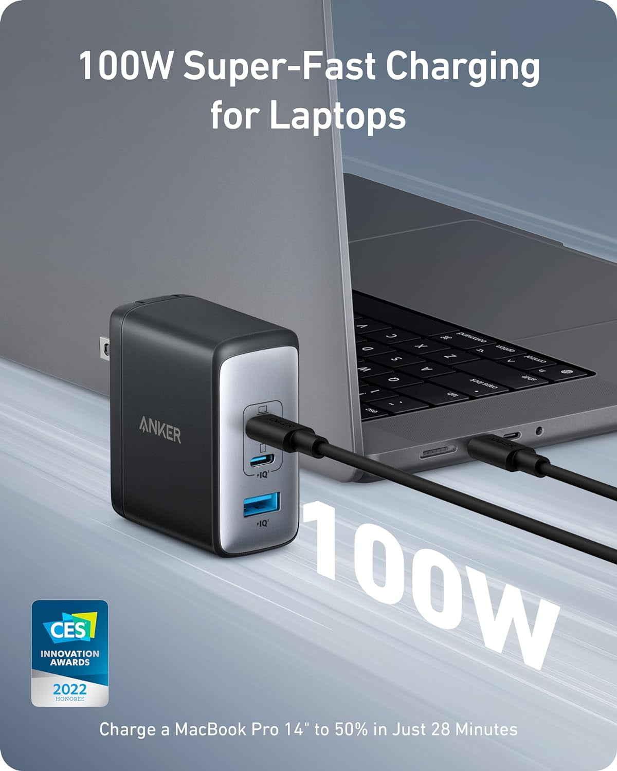 Anker Nano 100W USB-C Charger, 3-Port Fast Compact GaN Charger, Compatible for MacBook Pro/Air, ThinkPad, Dell, iPad Pro, iPhone 15 Series, Galaxy S23, and More (USB-C to USB-C Cable Included)