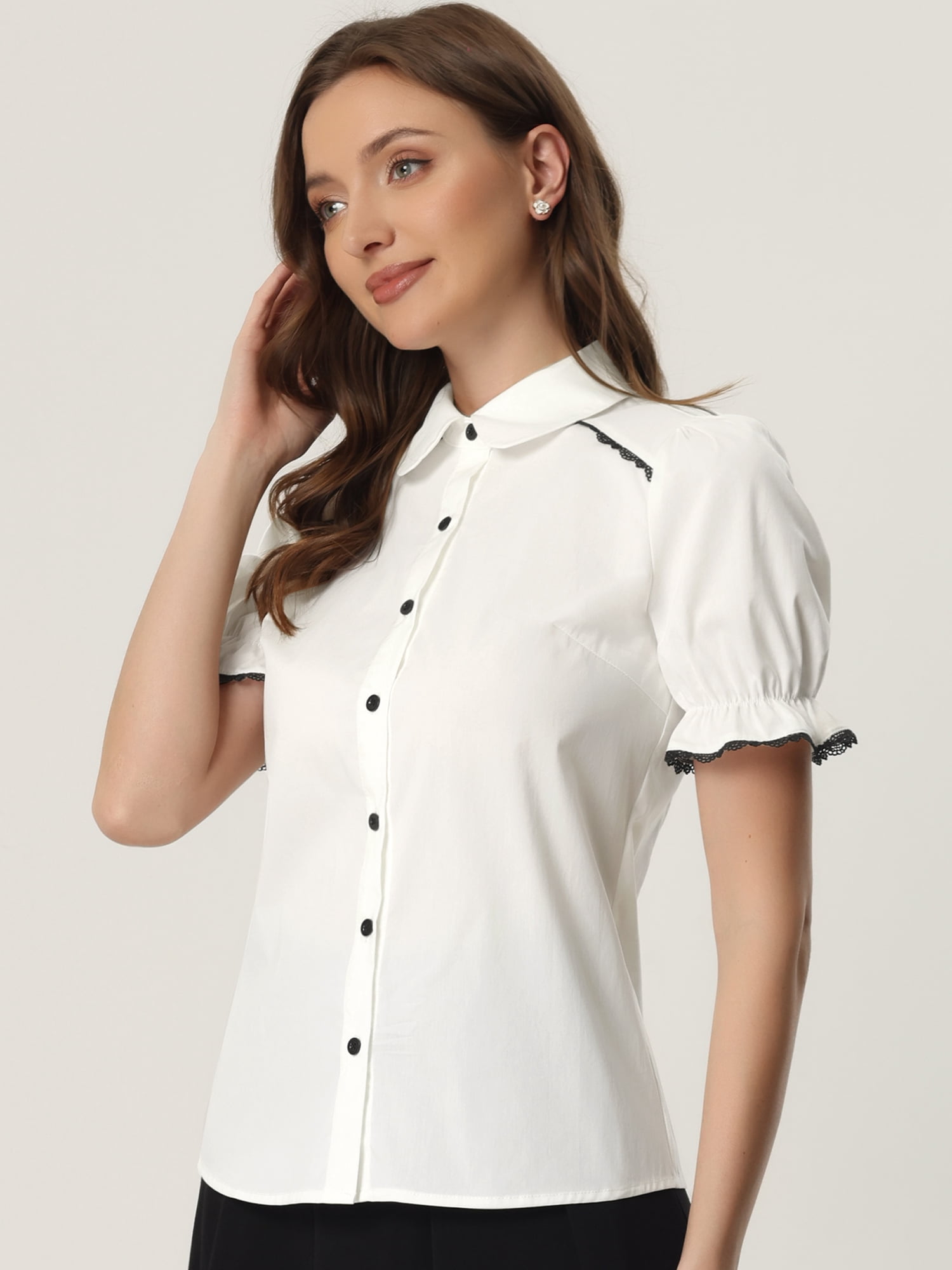 DARING DIVA Women's Peter Pan Collar Contrast Trim Puff Sleeve Shirt XL White