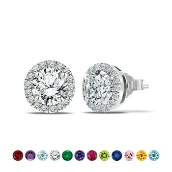 JeenMata 3 Carat - April Cubic Zirconia Birthstone Halo Stud Earrings - Round Cut in 18K White Gold Plating for Women