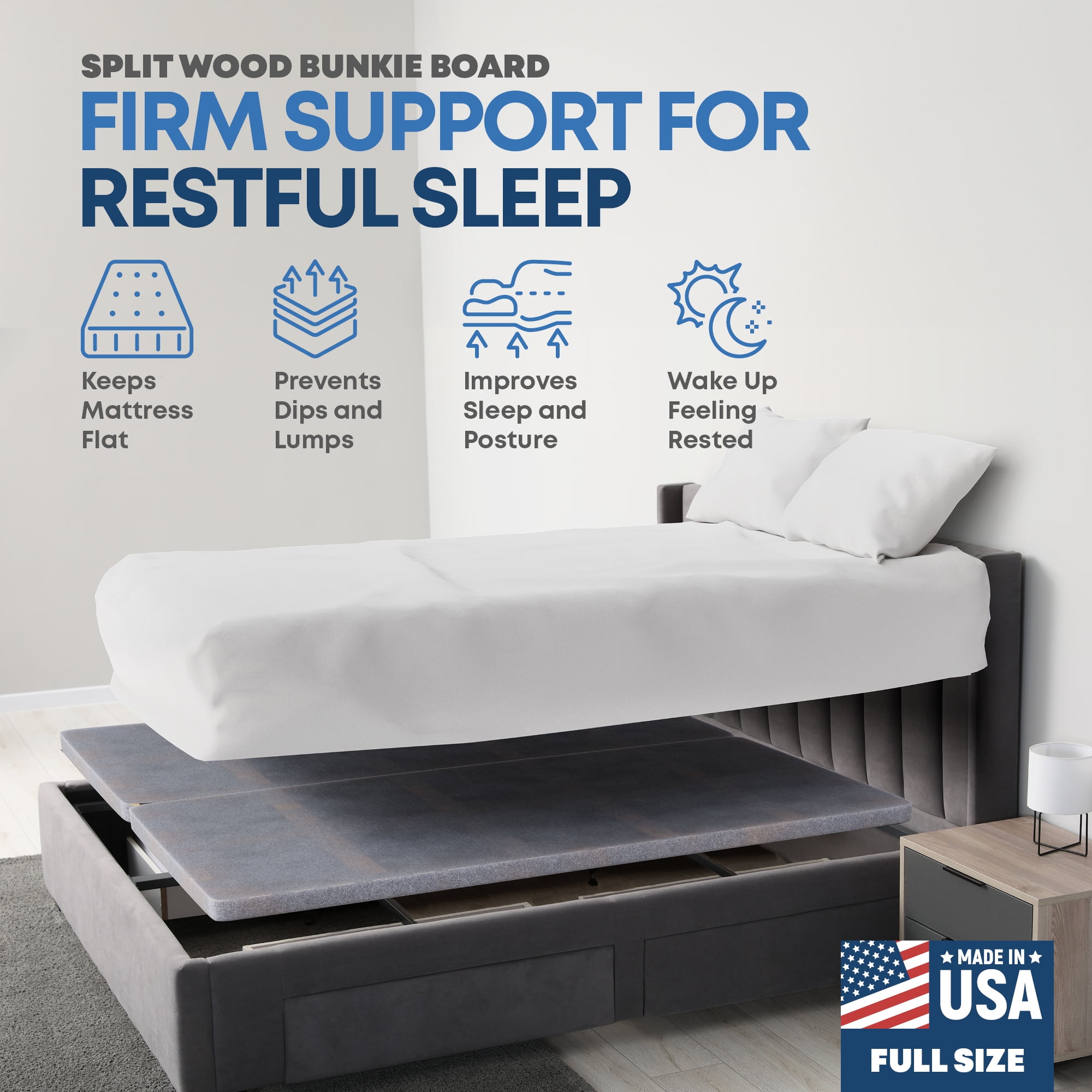 Continental Sleep, 38MM  Wood Bunkie Board for Full Size Bed - Under Mattress Support Board, Fully Assembled, Fabric Ventilation Cover - Replaces Wooden Slats or Box Spring for Bed Frames
