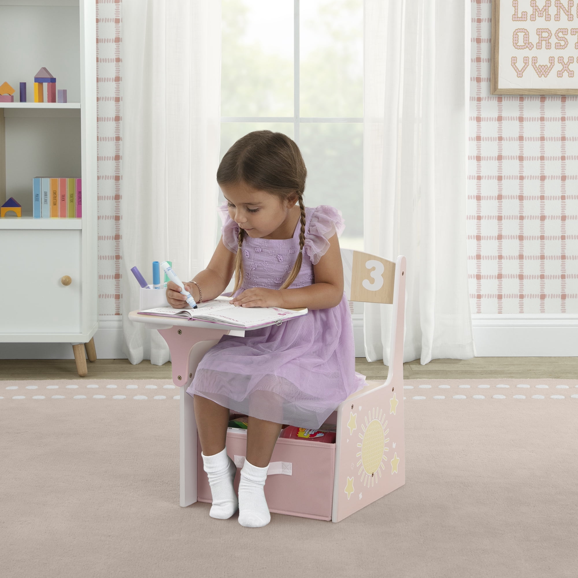 Delta Children 123 Numbers Chair Desk with Storage Bin, Natural & Pink
