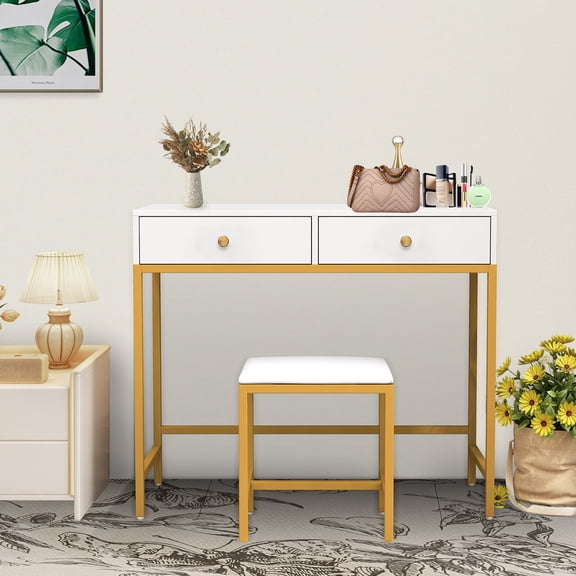 Ciumeeo Makeup Vanity Table Set with Stool Dressing Table Desk with Drawers for Women, White