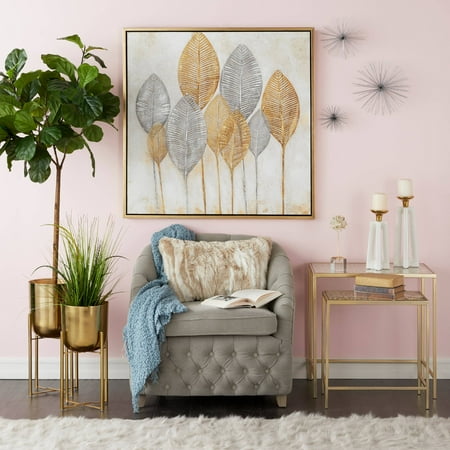 - CosmoLiving Large, Round, Indoor/Outdoor Metallic Gold Metal Planters in Gold Stands | Set of 2: 11” x 22” & 10” x 19”