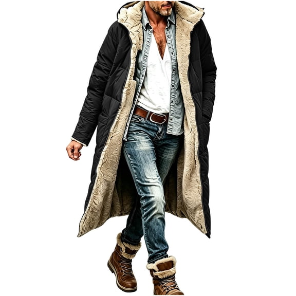 Smupbvky Mens Long Puffer Coat Hooded Fuzzy Fleece Lined Zip Up Jacket Winter Trendy Casual Warm Outerwear (XL, Black)