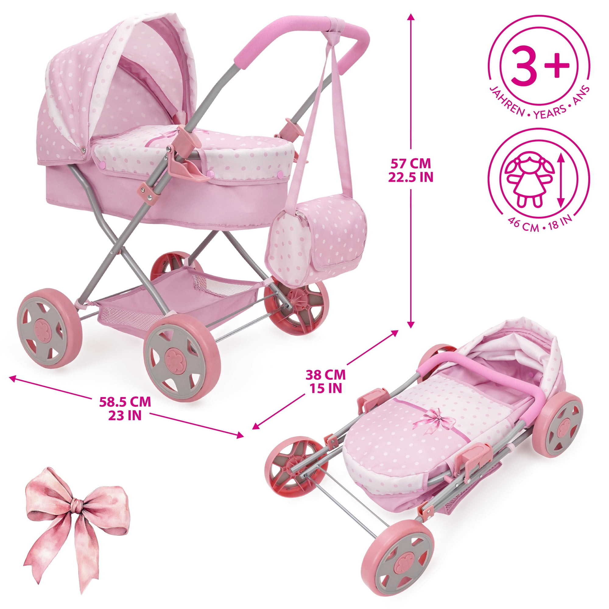 509 Crew: Bow Daisy Doll Pram - Pink & White, Handbag, Removable Bassinet, Canopy, Foam Handle, Push Stroller, Foldable, Doll Accessory Toy, Kids 3+
