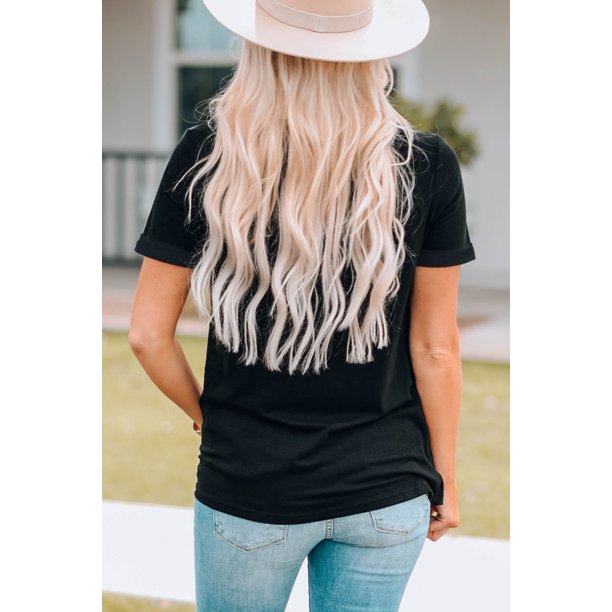 ABPHQTO Camiseta de manga corta con cuello redondo y bordado de margaritas negras para mujer