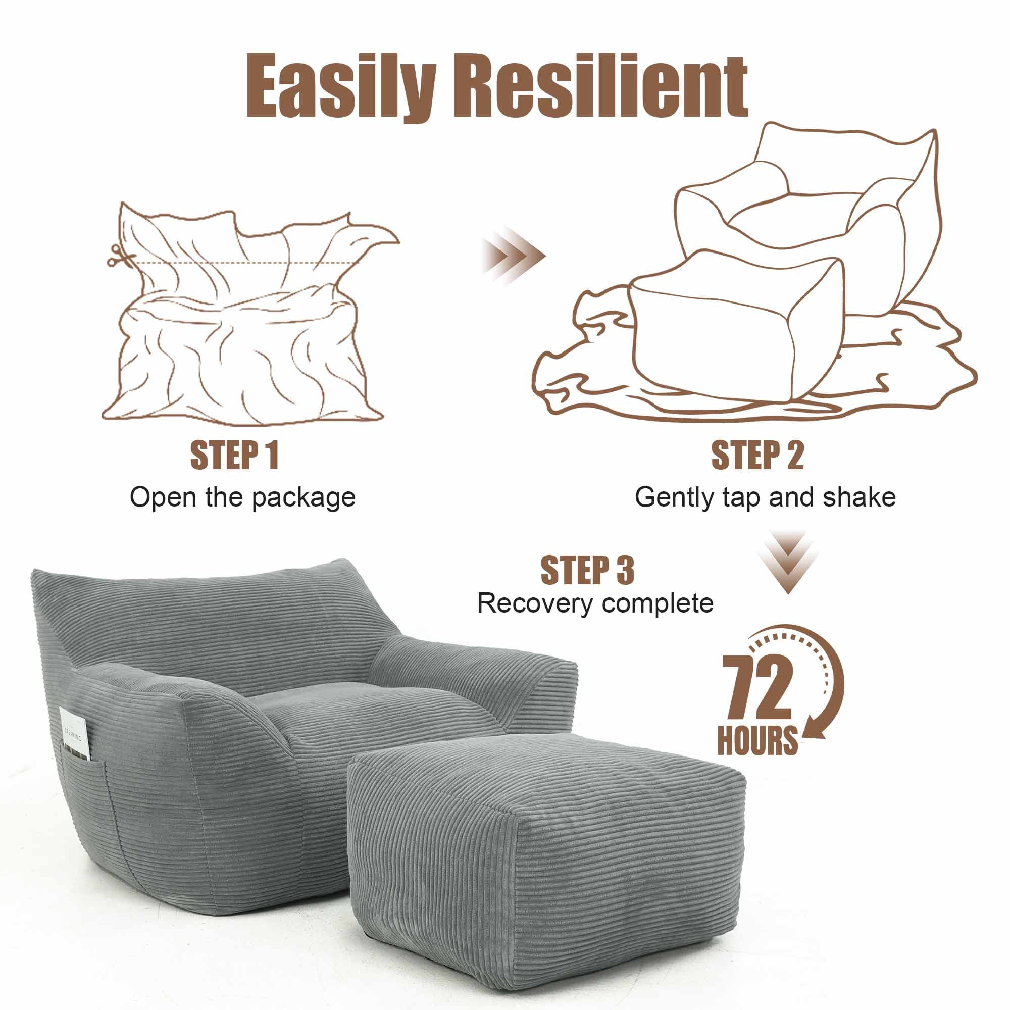 Lunale Oversized Bean Bag Chair with Ottoman, Boneless Lazy Sofa Chair for Bedroom, Living Room, Gray Corduroy