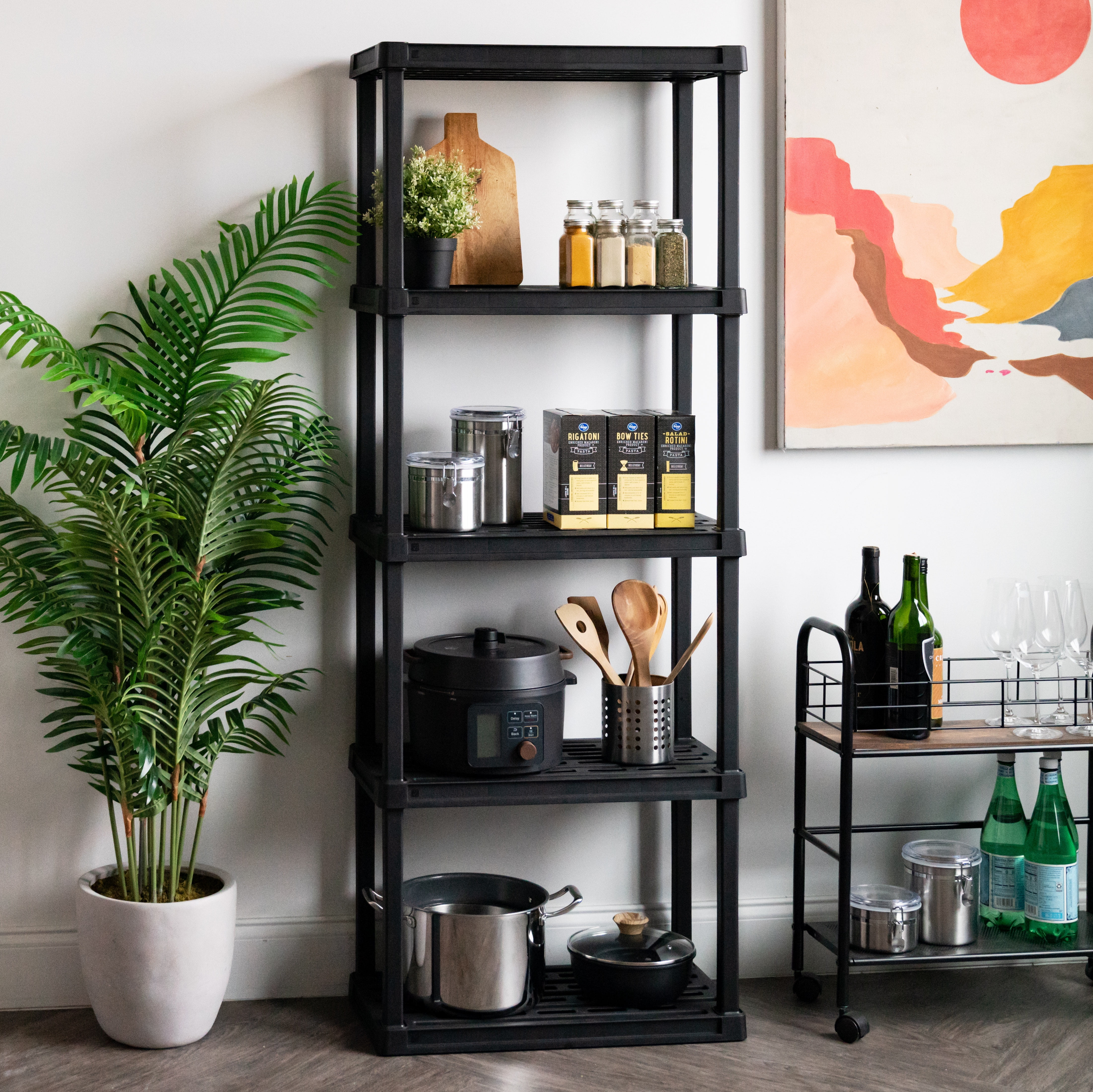 IRIS 5-Tier Plastic Storage Shelves, 63" H x 11" W x 23" D, 200 Lb Total Capacity, Black