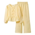 thumbnail image 3 of mgoYE Girl's 2 Piece Fall Winter Outfits Bow Striped Long Sleeve Top and Wide Leg Pants Cute Clothing Sets(Yellow,9-10 Years), 3 of 5
