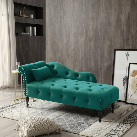 Holaki 60.6" Velvet Chaise Lounge Buttons Tufted Nailhead Trimmed Solid Wood Legs with 1 Pillow,Green