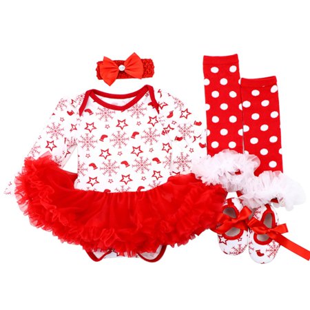 

Promotion!4pcs/set Infant Baby Girls Christmas Outfits Newborn Long Sleeve Romper Tutu Dress+Headband+Striped Leg Warmers+Shoes 0-18M