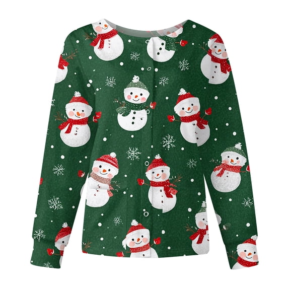 Garbnen S-5XL Christmas Nurse Jackets for Women Scrub Santa Claus Print Nursing Uniforms for Women Scrubs Warm Up Snap Front Funny Merry and Bright Xmas Women's Work Shirts with Pockets