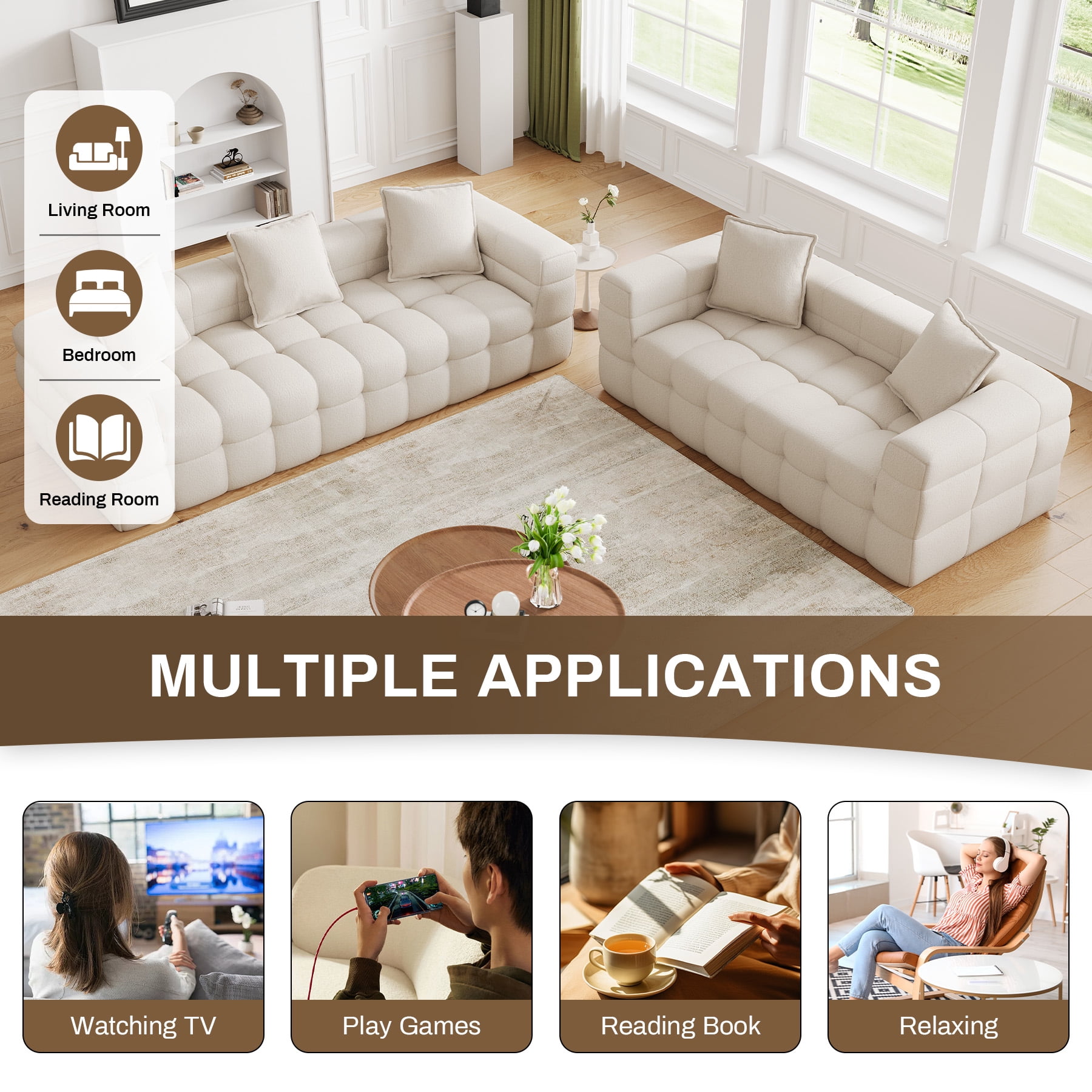 Wiilayok Cloud Sofa Couch,Chenille Deep Seat 3 Seater and 2 Seater Sofa Couch Set, No Assembly Required,Beige