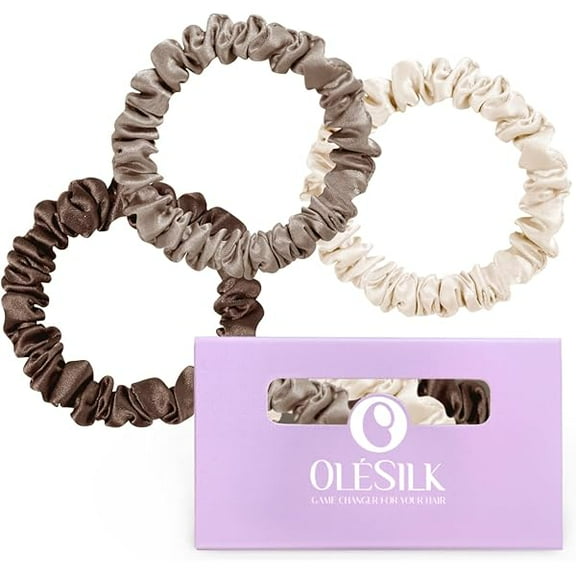 ZC Silk Hair Tie - 100% Mulberry Silk Scrunchies, Soft and Gentle Hair Accessories, Skinny for Women with Thin Fine Hair, 3 Count, Brown