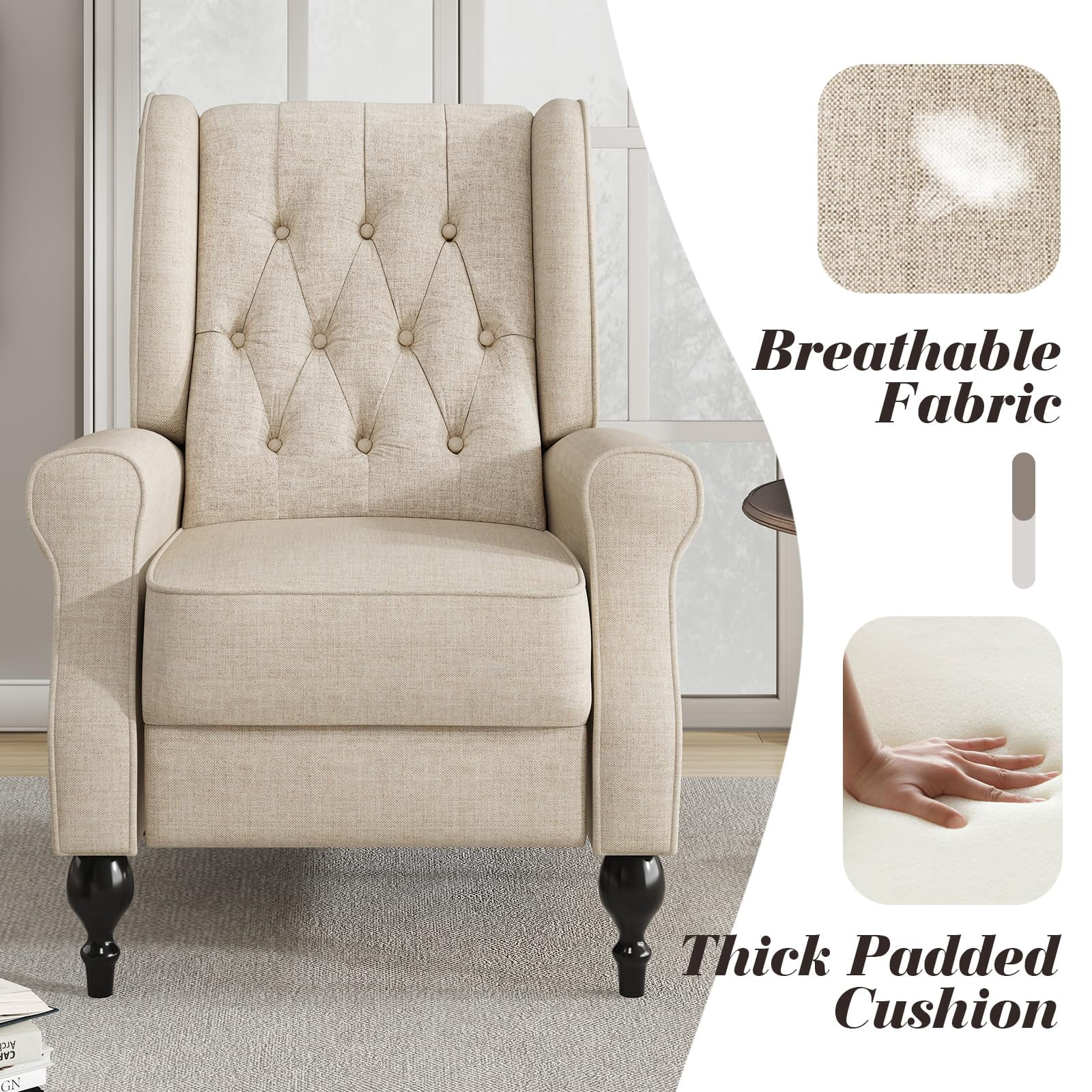 Merluxy Recliner Chair for Living Room,Classic Tufted,Widened Armrest and High Wingback,Fabric Beige