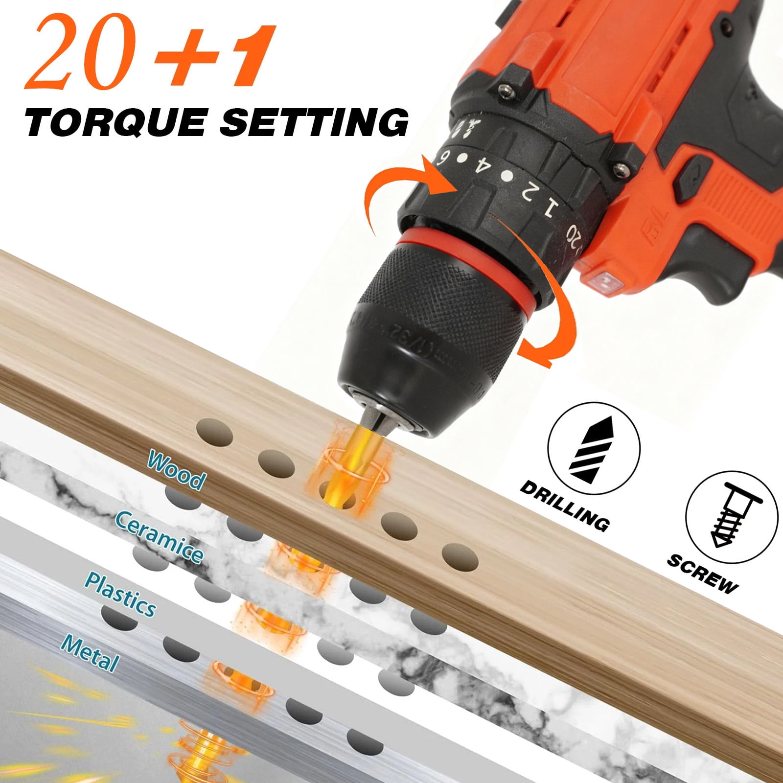 SUSUZI 48V Cordless Drill Set - 60Nm Max Torque, 34Pc Accessories, 2-Speed (0-1300 RPM), 3/8" Keyless Chuck, LED Light & Fast Charger - Power Drill for Wood/Metal/Brick DIY Projects