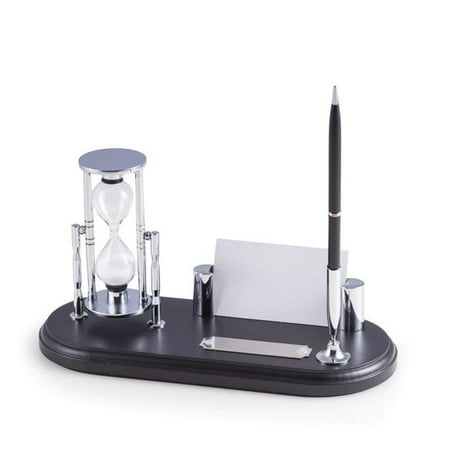 

International Black Wood & Chrome Plated Pen Stand with 3 Minute Sand Timer Business Card Holder